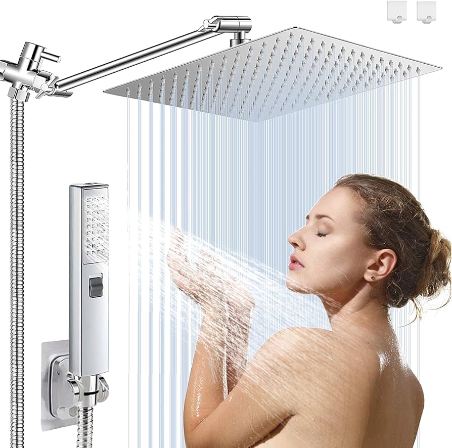 10" High Pressure Square Rainfall Shower Head and 2-in-1 Hand Shower, Equipped with 78"Hose,3 Way Diverter Valve, Adhesive Shower Head Holder (AWAXFOLO Chrome Square Shower Head Set) - Amazon.com